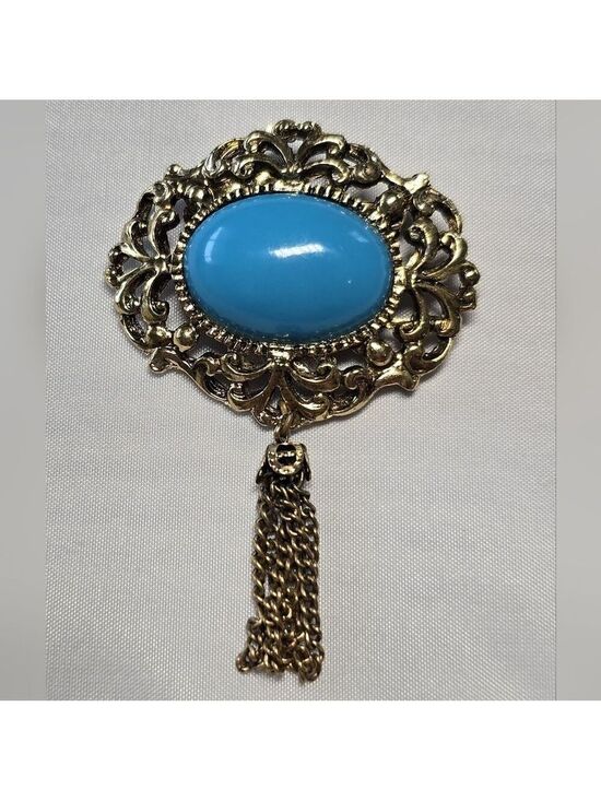 Jewelry - Vintage Gold and Blue Brooch with Tassel